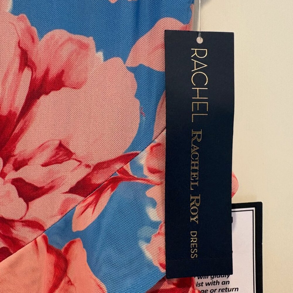 Rachel Roy dress sleeveless blue with big pink flowers, tiered ruffles (L) NWT - Picture 9 of 11